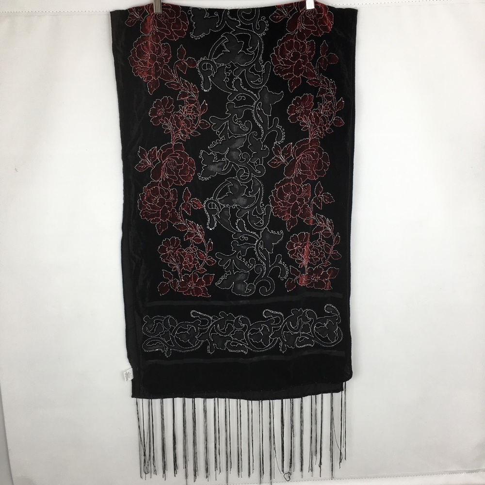 Floral Velvet Burnout Wide Scarf Wrap Black Red Sheer Fringe Evening Romantic - Picture 6 of 15
